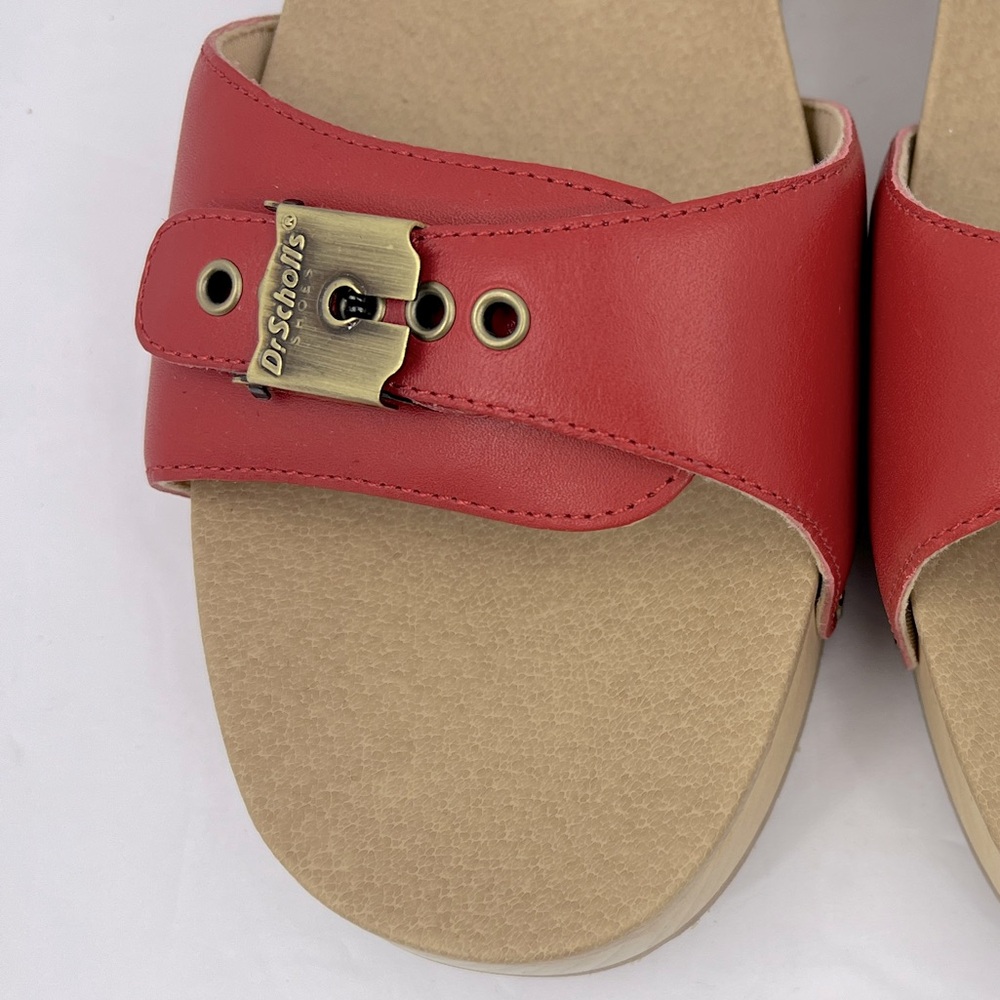 Dr Scholl’s SHOES, RED LEATHER TOP, ADJUSTABLE TOP STRAP, WOODEN SOLE, SIZE 10M - Picture 10 of 16